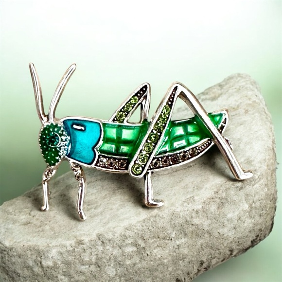Jewelry - Grasshopper silver, tone pin brooch animal pins insects bug rhinestones NWOT